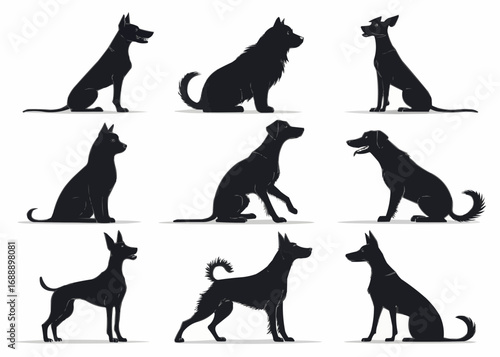 Collection of nine silhouette illustrations depicting various dog breeds in different poses and positions