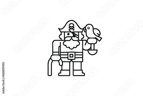 Outline Pirate With Bird On Hand, Eyepatch, Hat With Skull, Cane, Beard