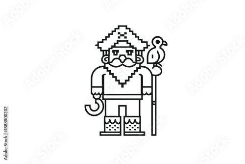 Pirate Captain Character Pixel Art Style with Parrot on White Background