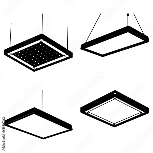 Four black and white illustrations of modern square and rectangular ceiling light fixtures hanging down