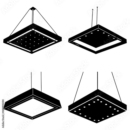 Four square pendant lights in black and white showcasing modern interior lighting design and fixture styles
