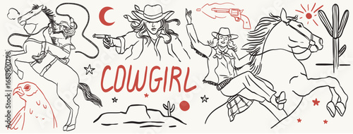 Hand drawn western woman riding a horse mirror print. Vector Texas female sheriff rider. American ranch lady portrait, traditional cowboy rodeo with rope, horse retro print. Cowgirl portrait.