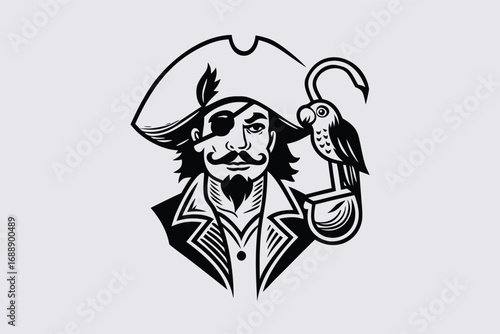 Pirate Captain with Hat, Eye Patch, and Parrot Perched on Hook Black and White