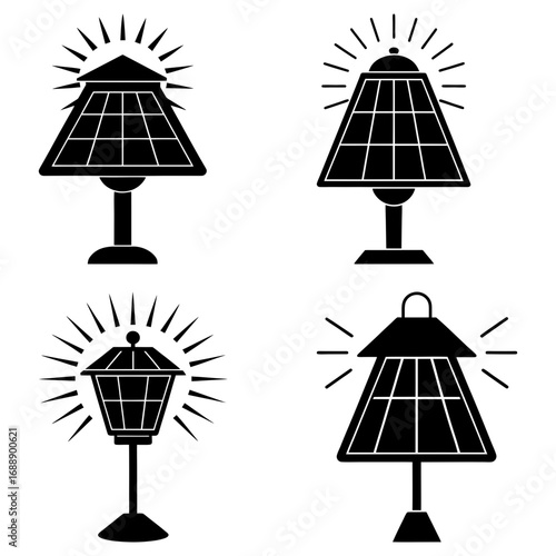 Illustration showing four different black and white lamp designs with radiating light lines around them