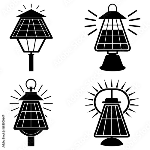 Illustration showing four different designs of outdoor lamps with a grid pattern and radiating light lines