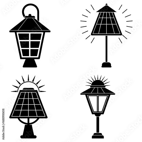 Silhouette illustration of four different styles of outdoor lamps and solar powered lights on white background