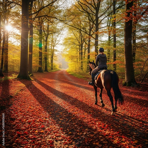 Woman enjoys an autumn horse ride through a sun-dappled forest path covered in vibrant fall leaves, creating a serene and picturesque scene during the golden hour atmosphere .