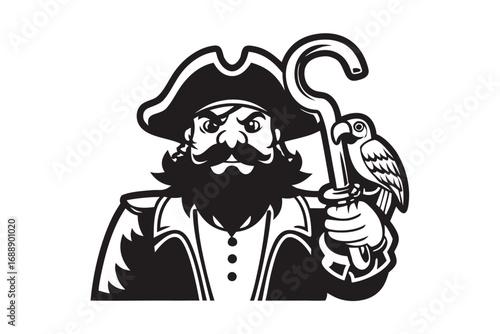 Pirate Captain with Parrot on White Background Silhouette Art