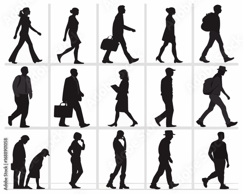 Silhouettes of diverse people walking in various styles and carrying bags and briefcases in black color