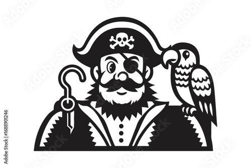 Pirate Cartoon Silhouette with Eyepatch, Parrot and Hook, Isolated on White Background