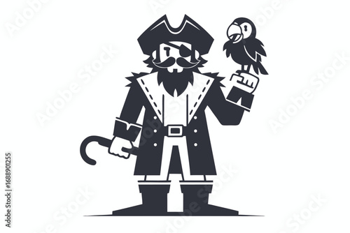 Pirate Character with Parrot, Hook, and Eye Patch on White Background