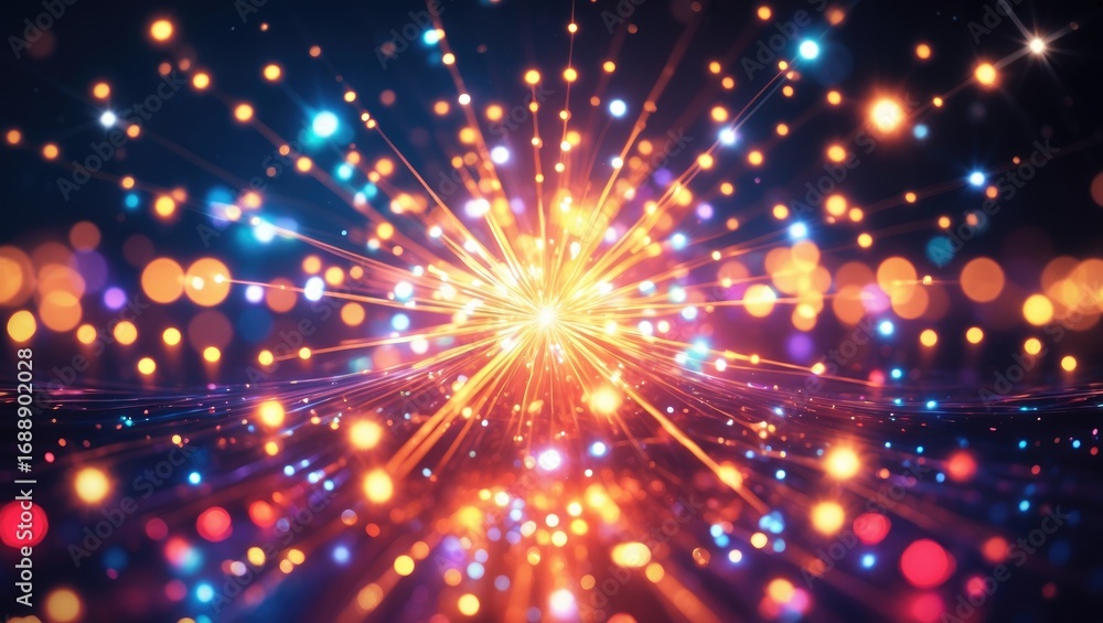 Naklejka premium Bright explosion of light with colorful sparks and dots radiating outward, creating a dynamic and energetic visual effect.