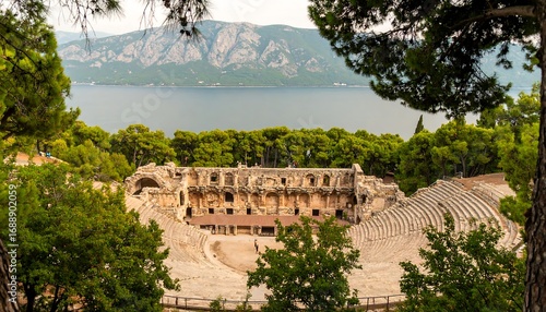 Panoramic view of an ancient amphitheater overlooking a tranquil bay