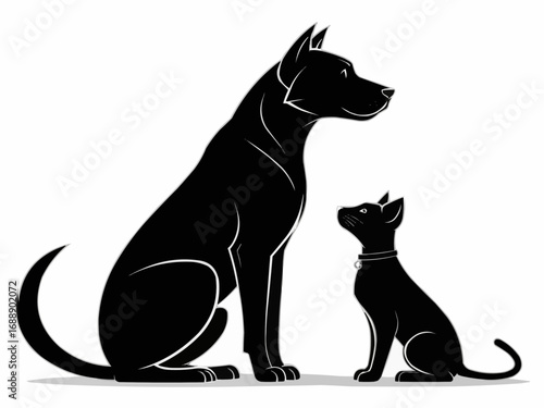 A silhouette of a large dog sitting next to a smaller cat both facing right in black and white style