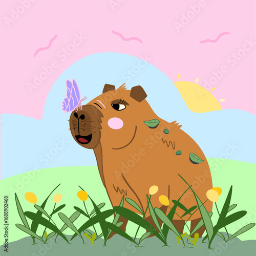 capybara butterfly cartoon vector showing cute animal with insect on nose adorable calm wildlife illustration for nature and children themes