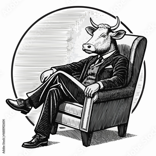 A cow headed man in a suit sitting in a chair with a circle behind him in black and white illustration
