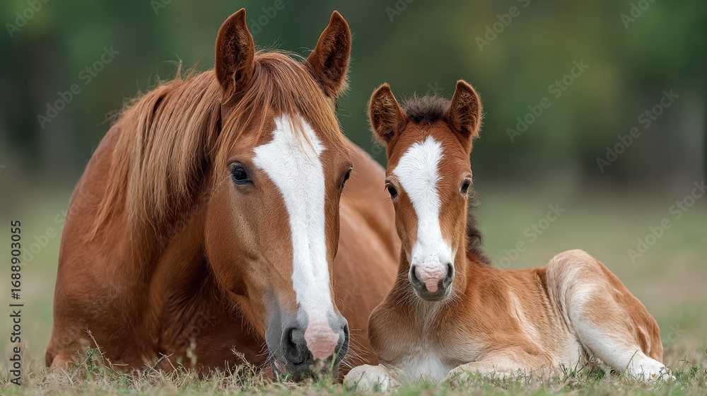 Obraz premium Majestic mare and her playful foal resting in a lush green field under soft daylight