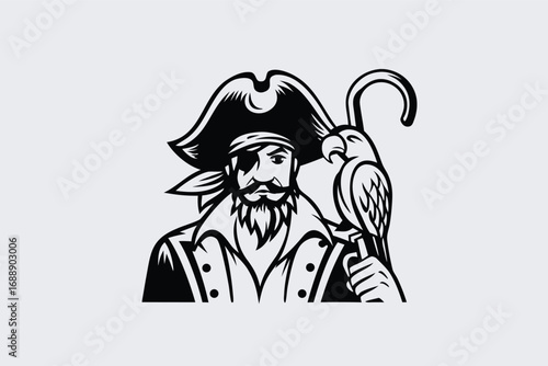Pirate with Eye Patch Holding Bird Silhouette on White Background