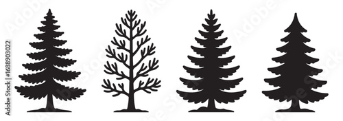 Pine tree silhouette vector set, fir tree icons, evergreen forest symbols, Christmas tree shapes, nature illustration, winter clipart.