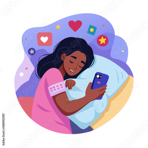 Cartoon dark skin female user lying with smartphone in bed at night, network addict person hugging cellphone with mobile apps icons. Happy sleep of girl in embrace with phone vector ... See More