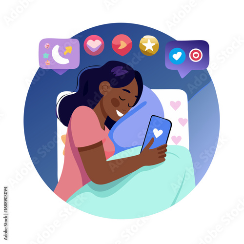 Cartoon dark skin female user lying with smartphone in bed at night, network addict person hugging cellphone with mobile apps icons. Happy sleep of girl in embrace with phone vector ... See More