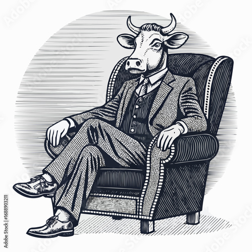 Illustration of a cow headed man in a suit sitting in an armchair with a background of gray lines
