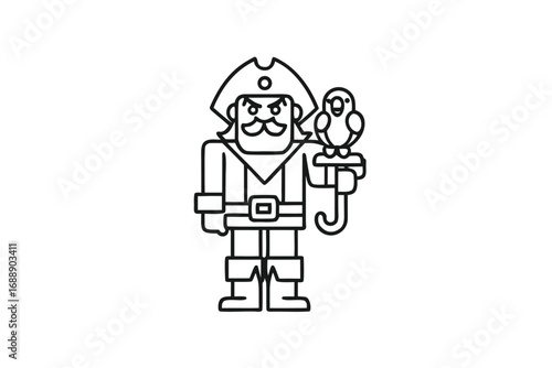 Pirate with Hook Hand and Parrot, Cartoon Style on White Background Isolated