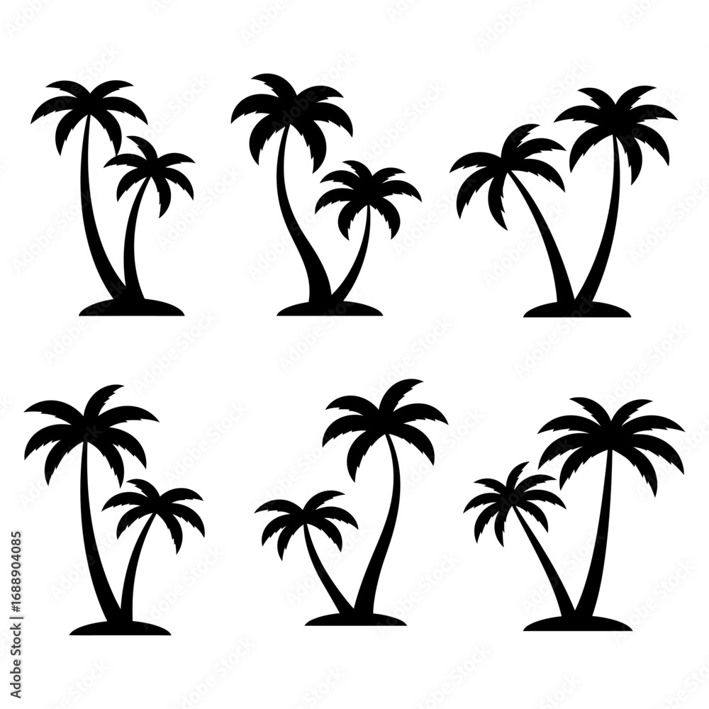 Fototapeta premium Tropical palm tree silhouettes in a versatile vector set, perfect for summer themes, exotic designs, logos