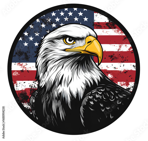 logo a circular design featuring an eagle's head with an american flag in the background, created in a vector art style.