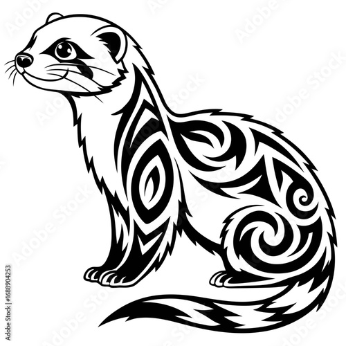 Black and white tribal ferret illustration with stylized patterns