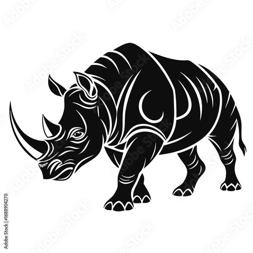 Stylized black silhouette of a rhinoceros with tribal markings