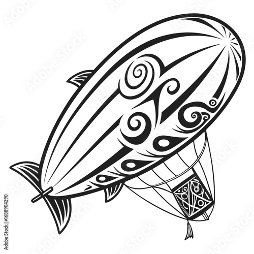 Stylized black and white airship with tribal tattoo design