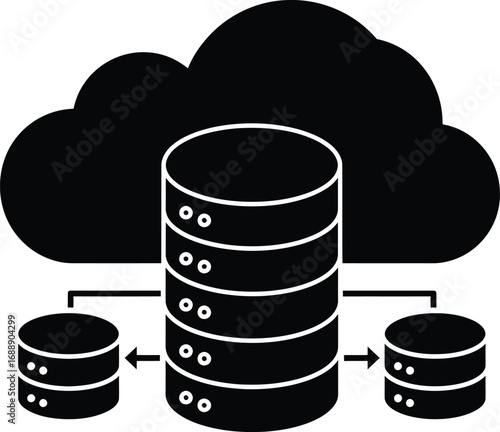 Cloud Data Exchange Icon Vector, Black Silhouette of Cloud Computing with Central Database and Connected Servers, Synchronization, Hosting, Big Data, Online Storage, Backup, Information Sharing, Int