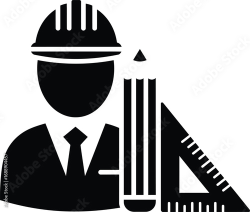 Architect Icon Vector, Black Silhouette of Engineer with Helmet, Pencil and Ruler Symbol, Architecture, Construction, Design, Building, Planning, Drafting, Civil Engineering, Project Management
