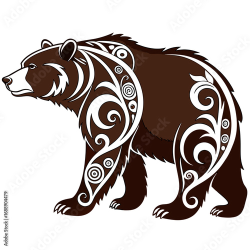 Brown bear with decorative tribal white patterns on its body