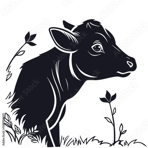 Black silhouette of a young calf in a field of grass and flowers
