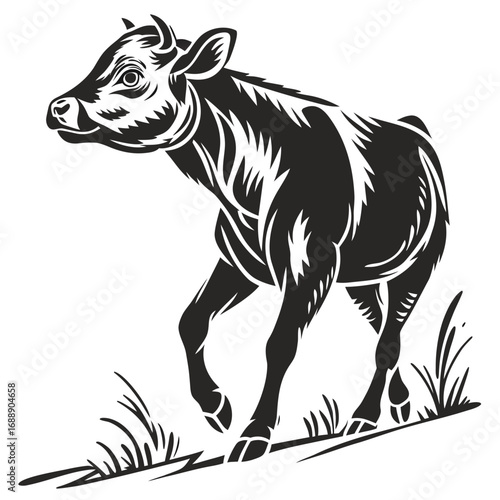 Black and white illustration of a young cow walking in grass