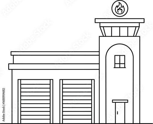 Fire Station Icon Vector, Black Outline Illustration of Firefighting Building with Garage Doors, Tower and Flame Symbol, Emergency Services, Rescue, Fire Department, Safety, Protection