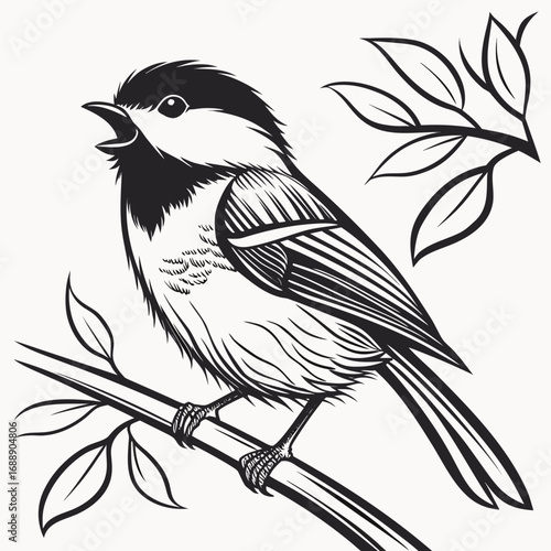 Black and white illustration of a chickadee bird on a branch
