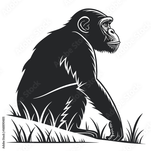 Chimpanzee sitting in grass black and white illustration