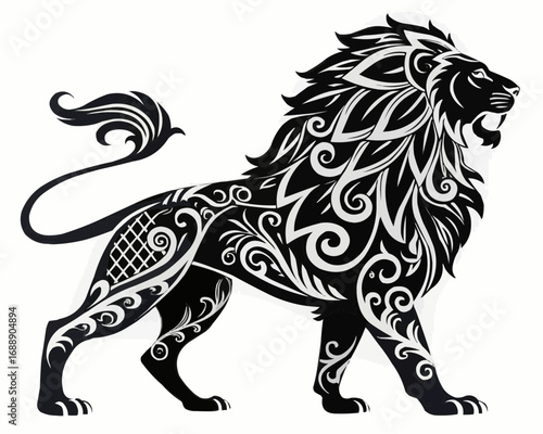 Stylized black and white lion illustration with intricate decorative patterns and a flowing mane design