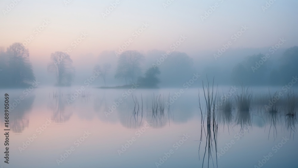 Fototapeta premium Calm lake scene with misty trees and gentle reflections during dawn or dusk. Nature landscape with tranquil water and soft colors.
