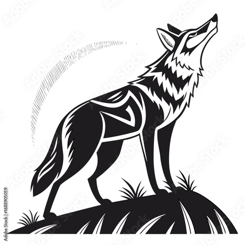 Stylized black wolf howling on hilltop with tribal markings