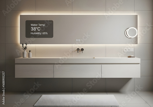 Modern smart bathroom mirror displays water temperature and humidity with elegant lighting and sleek vanity