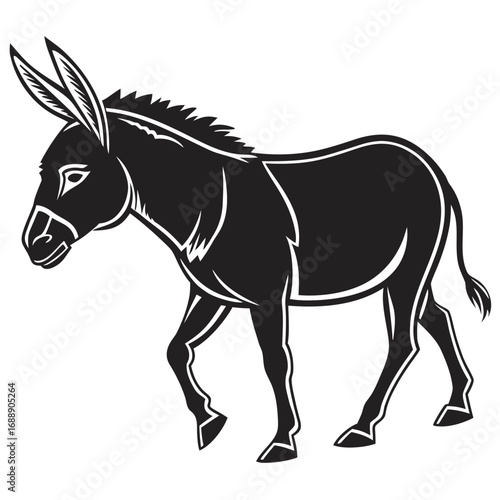 Black and white illustration of a donkey walking