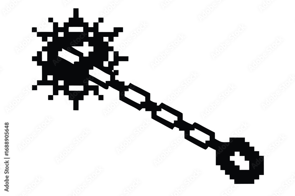 Obraz premium Pixel Art Mace Vector, Black Spiked Weapon with Chain on White Background Design