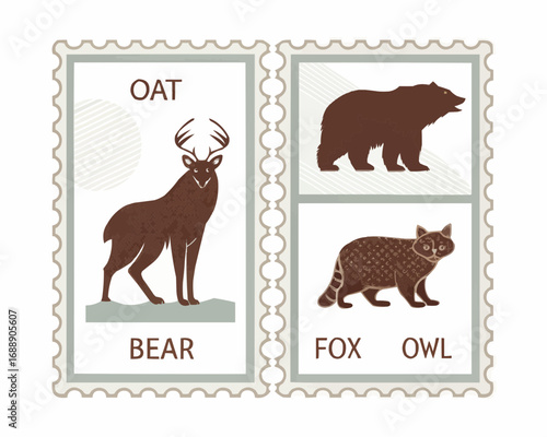 Illustration depicting a deer bear fox and owl on postage stamps with oat and bear text labels