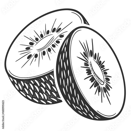 Hand drawn illustration of two kiwi fruit halves on white background