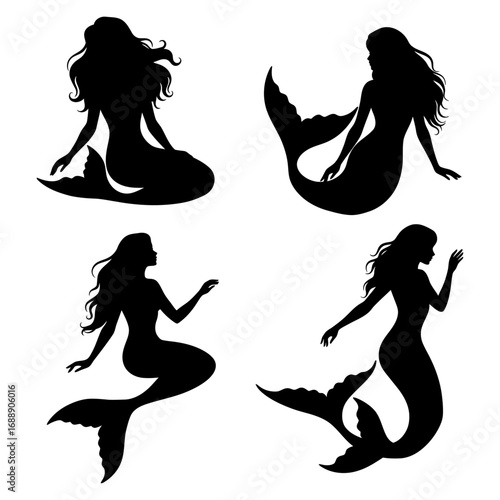 Collection of Four Silhouetted Mermaid Graphics on a White Background, Mystical Creatures