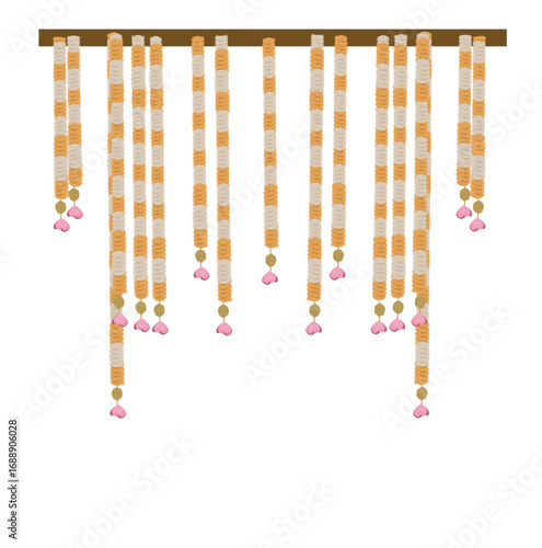 Marigold floral hanging border with lotus for stage backdrop setup design for Indian wedding haldi mehendi sangeet ceremony invitation design card
